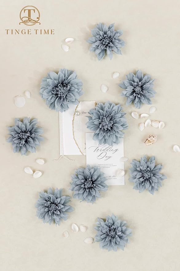 TINGE TIME Artificial Flowers 20pcs Silk Dahlia 5"/6" Fake Flowers for DIY Wedding Bridal Bouquets Centerpieces Arrangements Party Baby Shower Home Decorations (Dusty Blue)