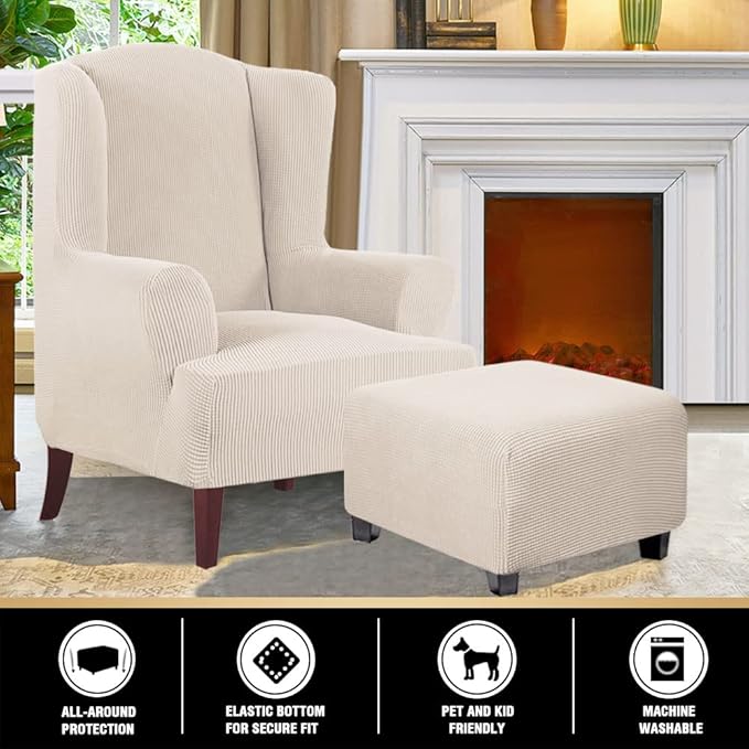 PrinceDeco Stretch Ottoman Cover Ottoman Slipcovers Square for Living Room Foot Stool Stretch Covers to Fit Ottoman Foot Rest, Thick Checked Jacquard Fabric with Elastic Bottom (Medium Size, Ivory)