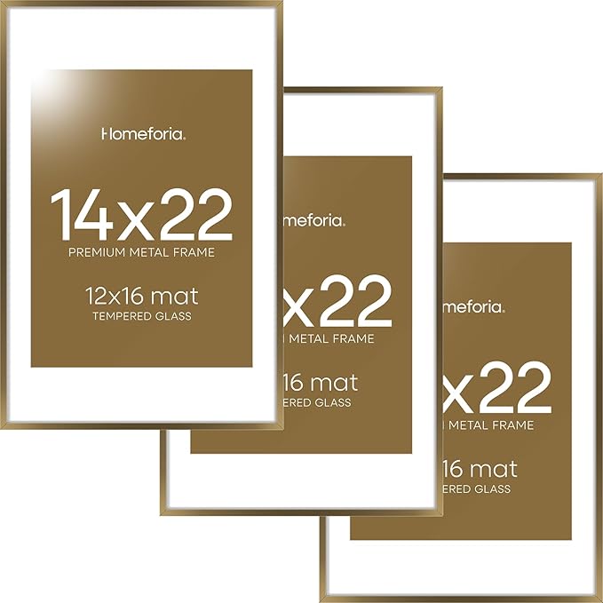 Homeforia 14x22 Picture Frame Bronze, High End Metal 14x22 Brass Poster Frames with Mat 12x16 for Photo, 14 x 22 Frame Matted to 12 by 16 Print, 22x14 Hanging Frame, Tempered Glass, Wall Kit, Set of 3