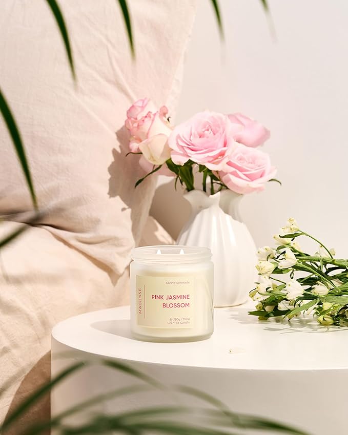 M&SENSE Pink Jasmine Rose Scented Candle - 11.6oz Natural Soy Wax 70-Hour Long Lasting Burn Time, 2-Wick Spring Non-Toxic Candle for Home Decor Flower Scent Gifts for Women Teacher