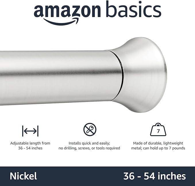 Amazon Basics Tension Curtain Rod, Adjustable 36-54" Width - Nickel, Classic Finial