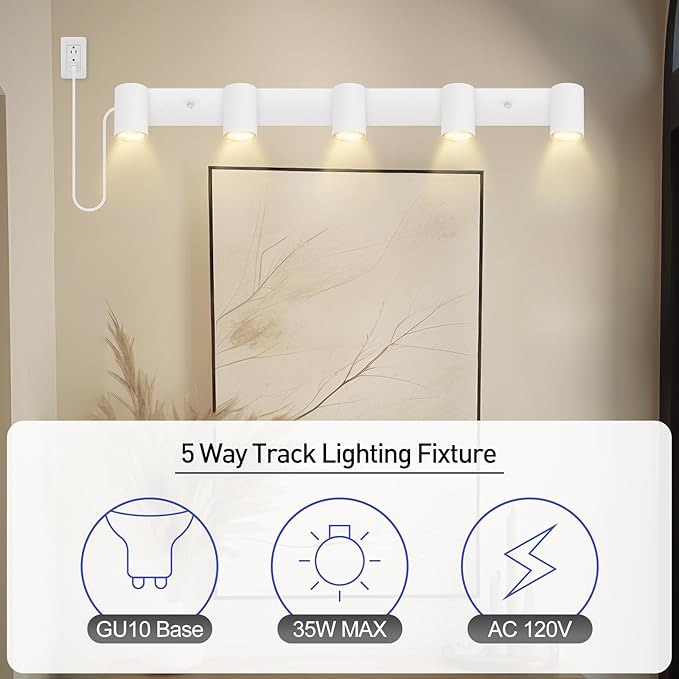 Plug in Track Lighting, LED Track Light Kit, White 5-Light Large Track Lights for Kitchen, 15 FT Cord,5 Way Ceiling Spotlight, Rotatable Wall Mount Light Head for Bedroom Hallway Living Room
