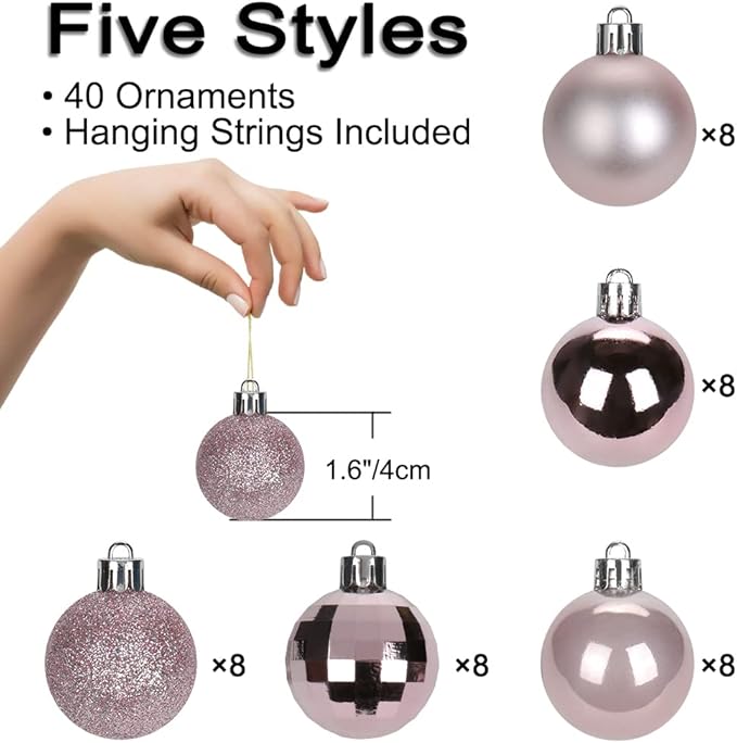 1.57" Pink Christmas Balls Ornaments 40 Pcs Shatterproof Christmas Ornaments Set Mini Light Pink Ornament for Xmas Tree Halloween Holiday Party