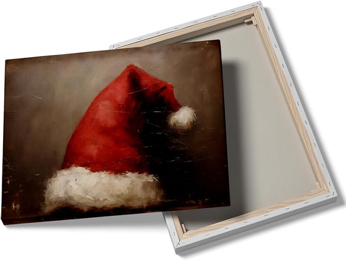 Christmas Wall Decor Print, Santa Hat Wall Art, Santa Still Life Painting, Rustic Christmas Art, Santa Hat Print, Vintage Xmas Holiday Art Print,Christmas Cottage Deco12x16inch Framed Art