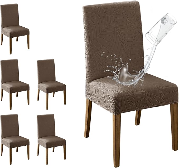 MOSAYT 100% Waterproof Dining Room Chair Covers Set of 6, Super Fit Stretch Jacquard Parson Chairs Slipcovers Removable Washable Chair Seat Protectors for Home, Kitchen, Banquet (Taupe)
