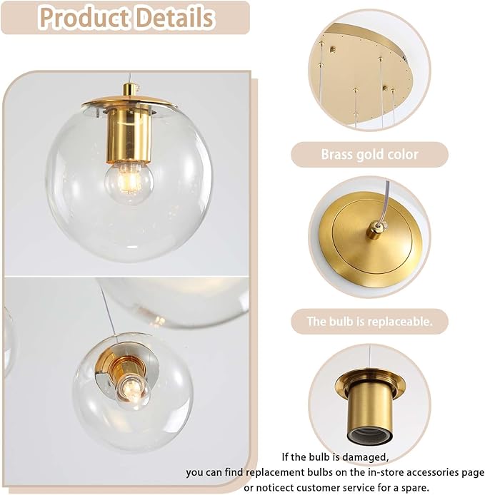 10-Lights Chandeliers for Dining Room Glass Globe Pendant Light Gold Chandeliers Rectangle Pendant Ceiling Light Fixture for Kitchen Island Dining Room Over Table Entryway Lighting Fixture