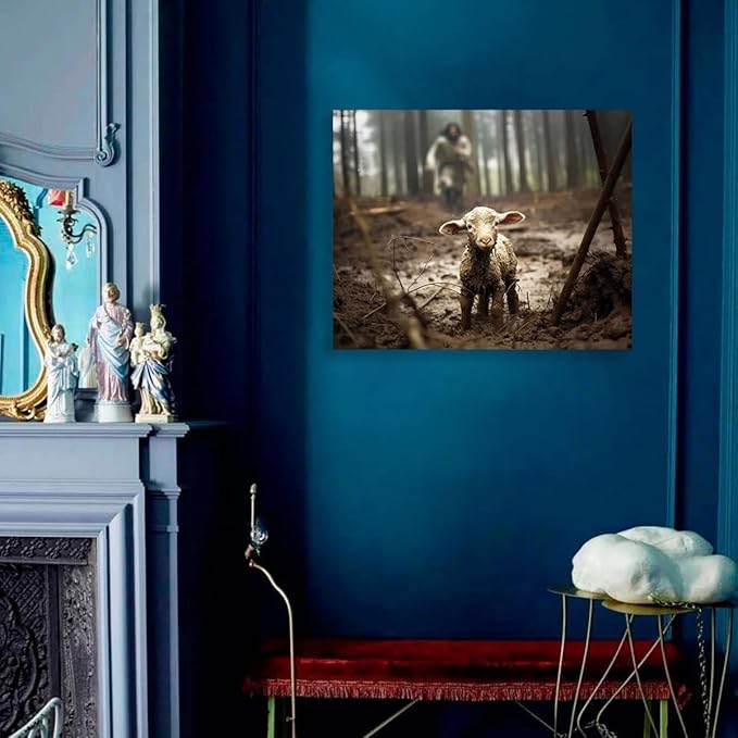 Jesus and Lamb Canvas Wall Art Jesus Running After Lost Lamb Picture Wall Art Canvas Print Christian Home Decor 30x24 inch (Landscape)