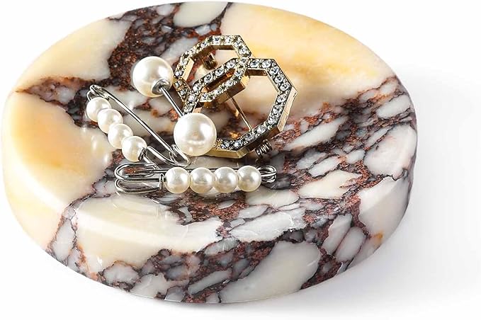 Koville Luxury Italy Calacatta Viola Marble Jewelry Dish, Small Round Trinket Dish for Ring Necklace Earring, 4" Decorative Tray, Aesthetic Home Table Marble Decor