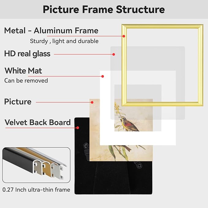 3x3 Picture Frame Set of 3, Gold Aluminum Metal Square Photo Frame with HD Glass, Fits 2x2 with Mat or 3 x 3 without Mat, Display For Tabletop or Wall Collage