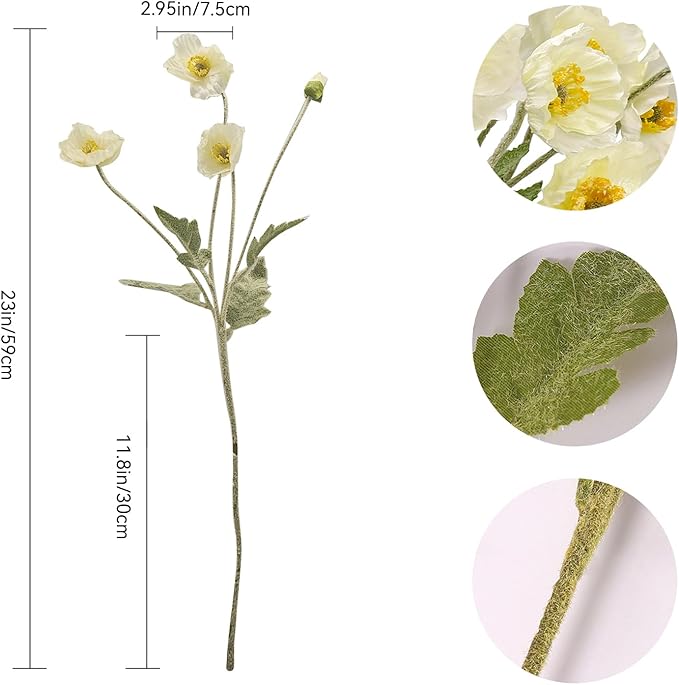 12PCS Poppy Flowers Artificial 23" Real Touch Stems Faux Poppies Silk Flowers for Home Decor Indoor (White)