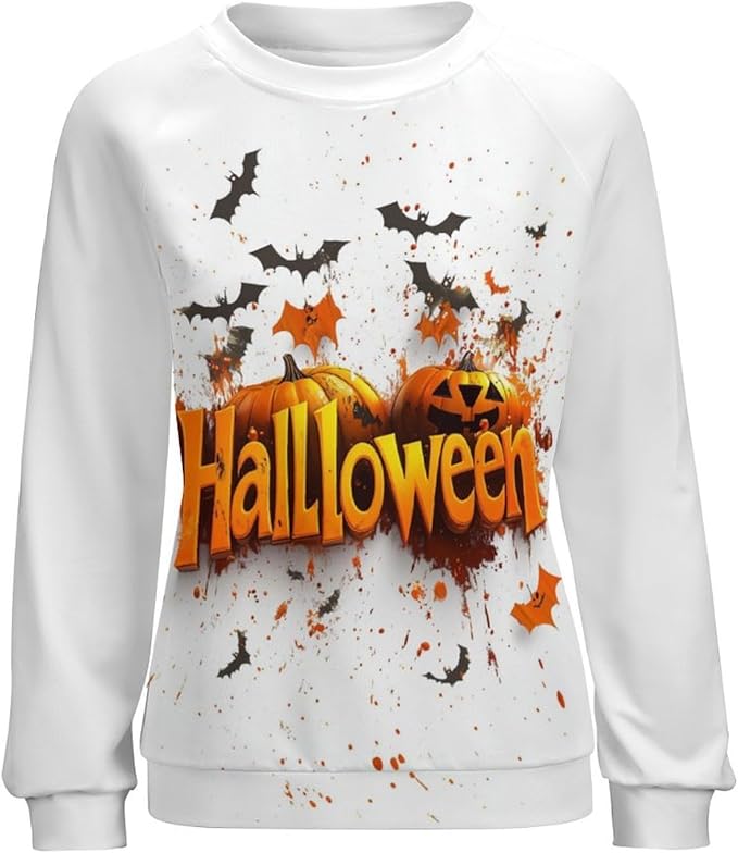 Halloween Sweatshirts for Women Funny and Spooky Print Crewneck Oversized Pullover Outdoor Lounge Fashion Sweater