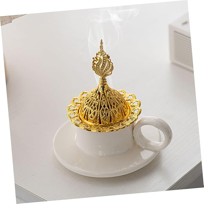 TEHAUX Vintage Ceramic Cone Incense Burner with Metal Handle Minimalist Elegant Decorative Censer Holder for Home Decor Portable Lightweight Aromatherapy Accessory Sophisticated Table