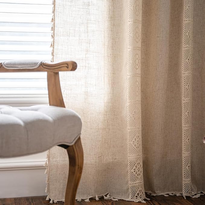 OYX Boho Curtains 96 Inch Length 2 Panels for Living Room, Bedroom Light Filtering Drapes, Farmhouse Vintage Country French Rustic Tassels Pattern Rod Pocket Aesthetic Decor Window Treatments