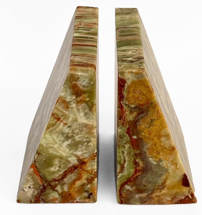 Ottimo Premium Polished Natural Marble bookends for use as Bookshelf Decor, Home, Office or Kitchen Shelves. Heavy, Triangular,and Modern Decorative Book Stopper with Anti-Slip Pads (Green Onyx)