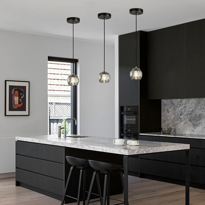 Modern Smoke Pendant Light, Brushed Black Ceiling Light Small Crystal Pendant Light Kitchen Island, Single Pendant Hanging Light Fixture for Dining Room Bathroom