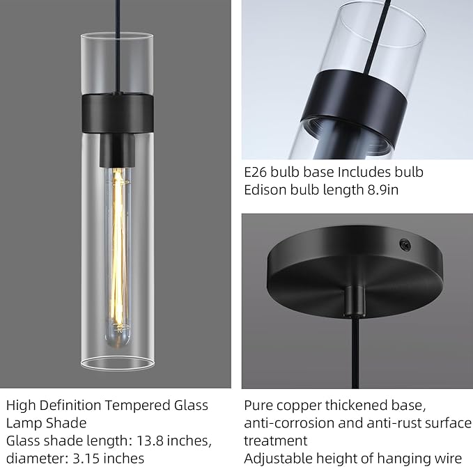 Modern Glass Black Pendant Lights Kitchen Island, Adjustable Cord Pendant Light Fixtures,Kitchen Pendant Lighting Over Island,Indoor Chandeliers for Bedroom Bathroom, Included Bulb