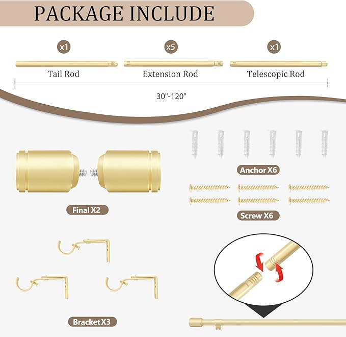 1” Diameter Gold Curtain Rods for Windows, 1 Pack 30-120 Inch Heavy Duty Window Rods, Long Adjustable Curtain Rod, Fits Most Standard Windows, Suitable for Bedroom, Living Room, Farmhouse