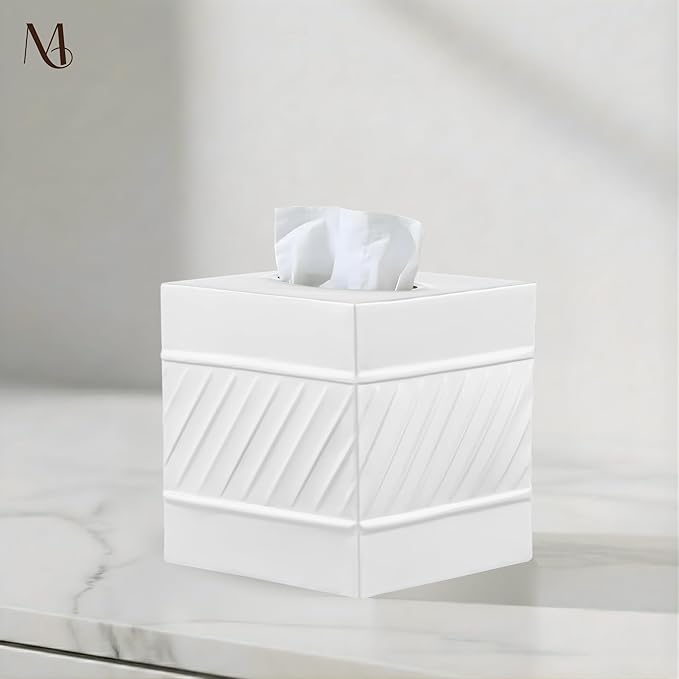 Monarch Abode Tissue Box Cover Square – Handcrafted Wave Embossed White Metal Tissue Holder Box for Bathroom Accessory, Aesthetic Decorative Facial Napkin Cube for Modern Home Decor