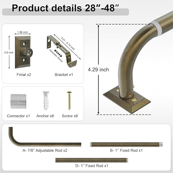Antique Bronze Curtain Rods, Heavy Duty Wrap Around Curtain Rod for Windows 28 to 48 Inch, 1" Adjustable Decorative Blackout Curved Drapery Pole, Modern Room Darkening Rod, Window Treatment Rods