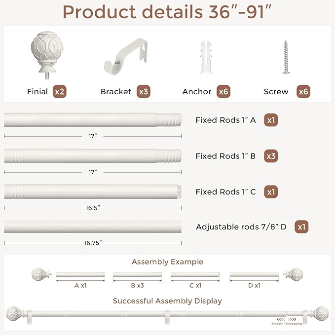White Curtain Rods for Windows 48 to 84 Inch, Antique Decorative 1 Inch Adjustable Heavy Duty Window Treatment Rods, Vintage Rustic Farmhouse Drapery Rod with Boho Netted Texture Finials