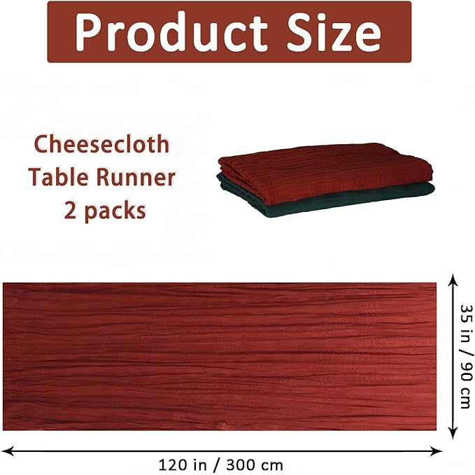 Cheesecloth Table Runner 2 Pack Terracotta and Dark Green, Boho Gauze Table Runner 10Ft 120 Inches Long for Wedding Decor, Party & Home Table Decoration