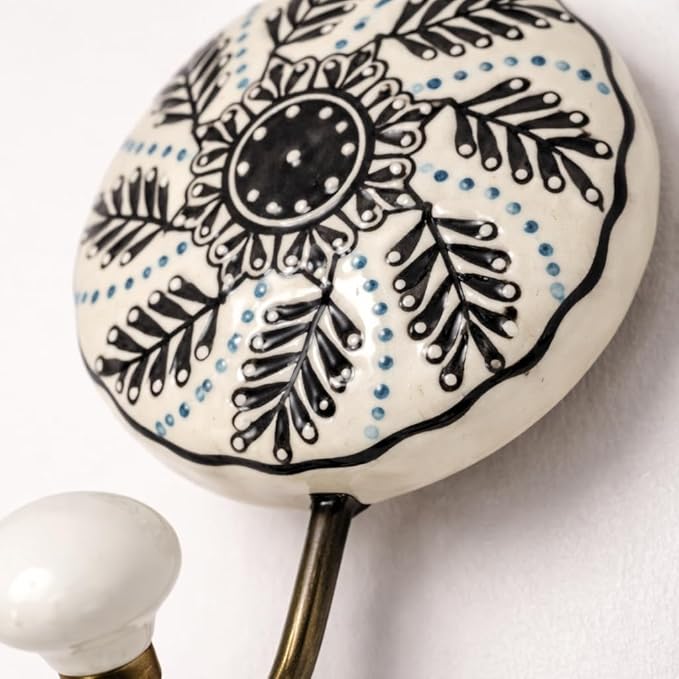 Ceramic Wall Hooks, Black with White Floral Pattern, 2-Pack Decorative Coat Hangers, 8 lb Capacity (6, White)