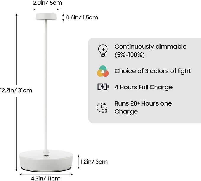 2Pack Cordless LED Table Lamp，Rechargeable Battery Desk Lamps, 3 Color Stepless Dimmable Metal Battery Table Lamps, Portable Table Light