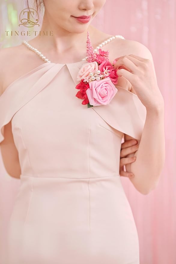 TINGE TIME Artificial Shoulder Corsages Flowers, Set of 2, Mother of The Bride Floral Corsage for Wedding Ceremony Anniversary Formal Dinner Party (Hot Pink)