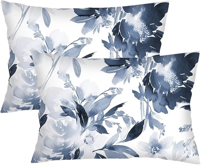 Florals Throw Pillow Cover Queen Size Set of 2 Navy Watercolor Flowers Pillowcases Boho Floral Lumbar Pillow Case Soft Standard Pillow Cases with Zipper Decorative Cushion Covers,20"x30",Blue White