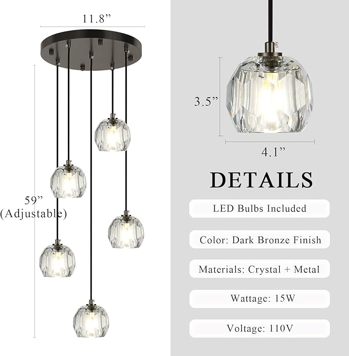 Modern Black Hanging Lights, Round LED Crystal Pendant Lights Fixtures, Raindrop Farmhouse Chandeliers for Dining Room Kitchen Island Living Room