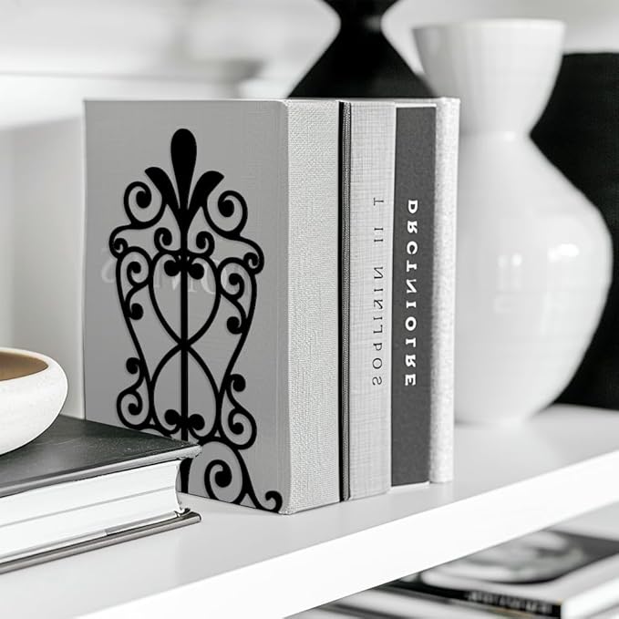 Peacoblue Metal Bookends for Shelves, Modern Decorative Heavy Duty Study Book Support Stoppers for Office, Desk, Shelf, Room 5.3"x4.3"x7.9" Cast Iron Tall Bookends, 1 Pair (European Style Pattern)