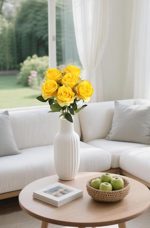 IPOPU 6PCS Yellow Silk Lop-Sided Rose Artificial Flower with Long Stem Fake Leaf Roses, Artificial Long Stem Fake Roses Suitable for DIY Wedding, Home Decoration and Outdoor Party.