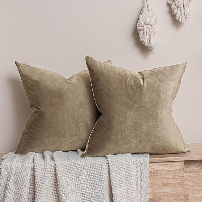 JUSPURBET Throw Pillow Covers Set of 2 Decorative Velvet Pillow Covers 24x24 for Couch Sofa Bed Soft Cushion Covers Cases with Invisible Zipper for Living Room Home Decor,Stone