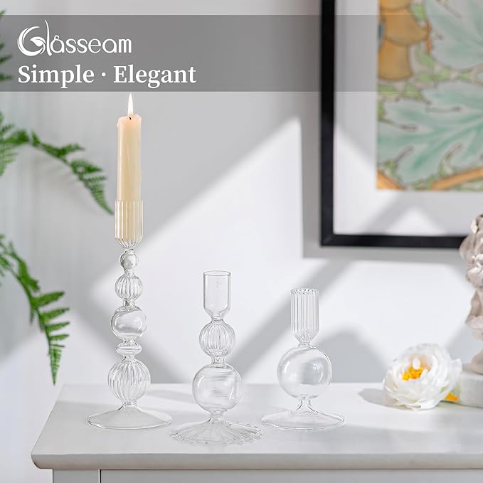 Glasseam Glass Candle Stick Holder: Clear Taper Candle Holders Set of 3 Modern Candlestick Holders for Taper Candles Decorative Candle Holders for Table Centerpiece Wedding Party Christmas Decorations