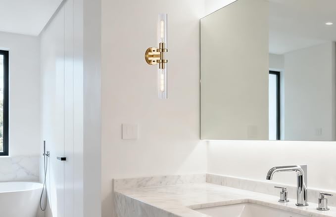 AT-VALY Wall Sconces Set of Two,Vanity Light Fixtures with Clear Glass,Modern Sconces Wall Decor for Bathroom, Living Room Mirror (Brushed Brass)