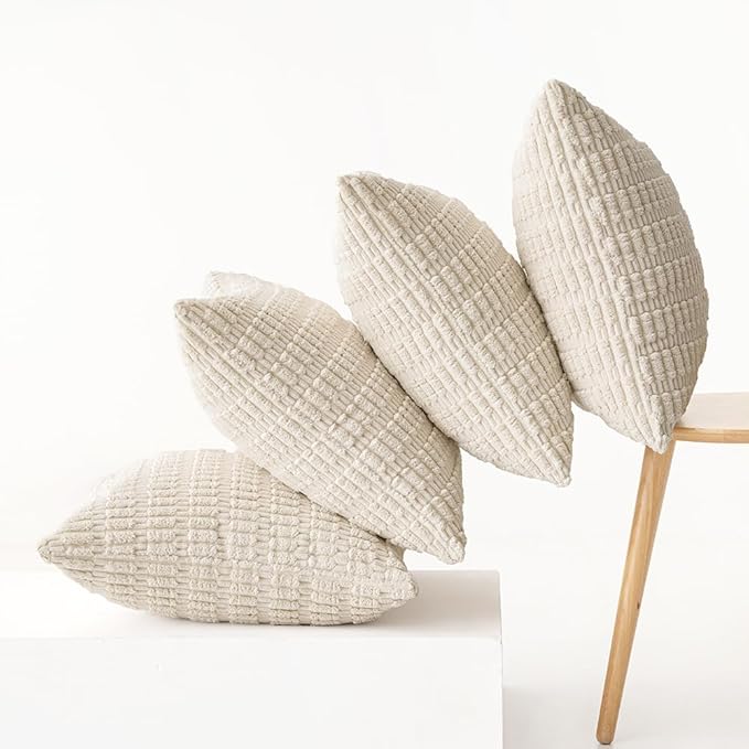 MIULEE Pack of 4 Cream White Corduroy Decorative Throw Pillow Covers 16x16 Inch Soft Boho Striped Pillow Covers Modern Farmhouse Home Decor for Sofa Living Room Couch Bed