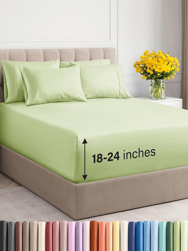 Extra Deep King Sheet Set - 6 Piece Breathable & Cooling Sheets - Hotel Luxury Bed Sheets Set - Easy & Secure Fit - Soft, Wrinkle Free & Comfy Sheets Set - Light Sage Sheet Set with Extra Deep Pockets