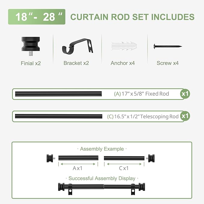 Sturdy Durable Curtain Rod:Black Curtain Rods for Windows 18-28 Inch,Adjustable Heavy Duty Curtains Rod for Bedroom/Kitchen/Dorm/Apartment/Door,Small Modern Decorative Drapery Rods (All-Metal)
