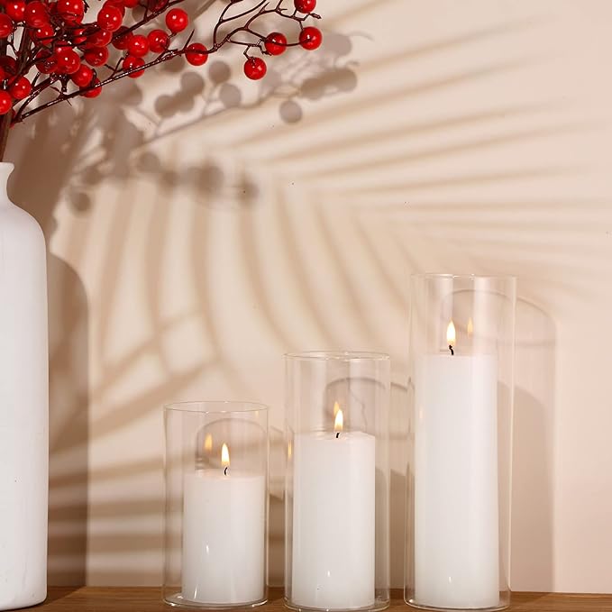 Shihanee 180 Pcs Pillar Candles and Glass Cylinder Vases Clear Cylinder Holders for Slim Pillar Candles Table Decoration (White)