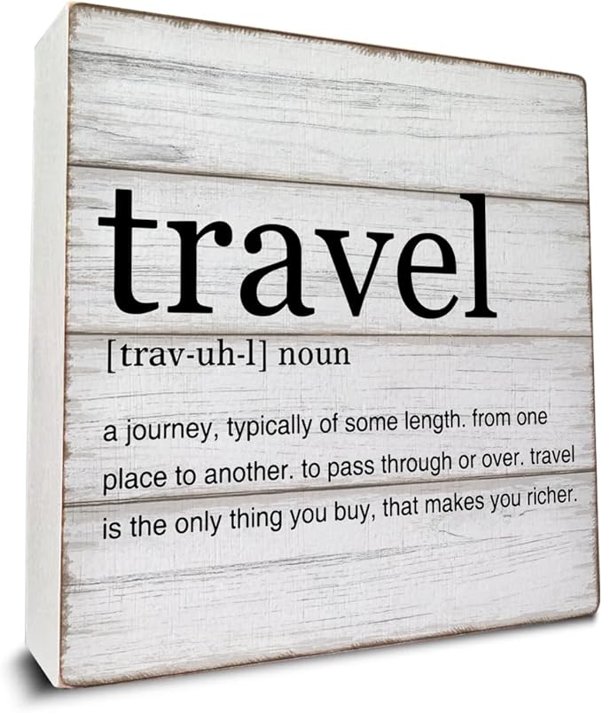 Traveler Gifts Travel Definition Wooden Box Sign Travel Quote Desk Decorative Wooden Sign Home Office Decor for Desk Table Shelf 5 x 5 Inches