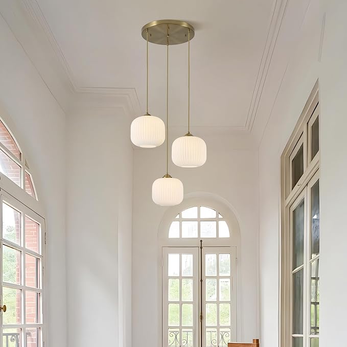 KCO Lighting Large 3 Light Cluster Chandelier Gold Globe Pendant Lights Kitchen Island White Ribbed Glass Ceiling Pendant Light Antique Brass Chandeliers for Dining Room