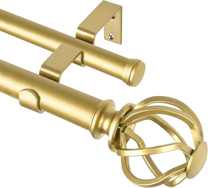 KAMANINA 1 Inch Double Curtain Rod 72 to 144 Inches (6-12 Feet), Gold Curtain Rods for Windows 66 to 120, Heavy Duty Telescoping Drapery Rod with Twisted Cage Finials