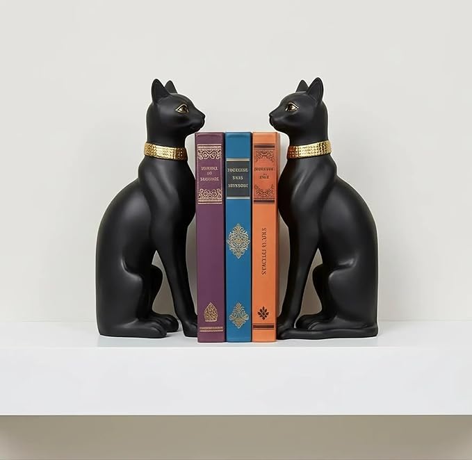 Comfy Hour 9" Egyptian Black Cat Bastet Bookends, Unique Decorative Ancient Goddess Statues for Shelves, Cat Book Ends, Vintage Ancient Novelty Home Office Decor, 1 Pair, Cat Lover Gift, Bast, Pharaoh