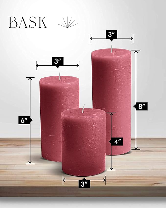 BASK Mottled Pillar Candles - Unscented Burgundy Candles Set of 3 - Dripless, Smokeless for All Occasions