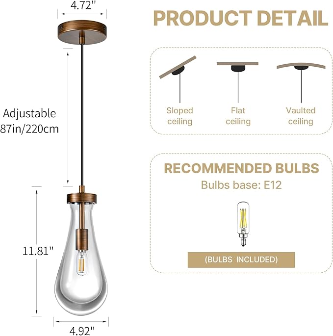 Raindrop Pendant Lights Kitchen Island: 2 Brown Teardrop Hanging Light - Crystal Pendants Lighting over Dining Table - High Ceiling Raindrops Lights Fixture for Bedroom Kitchen Island Bulbs Included