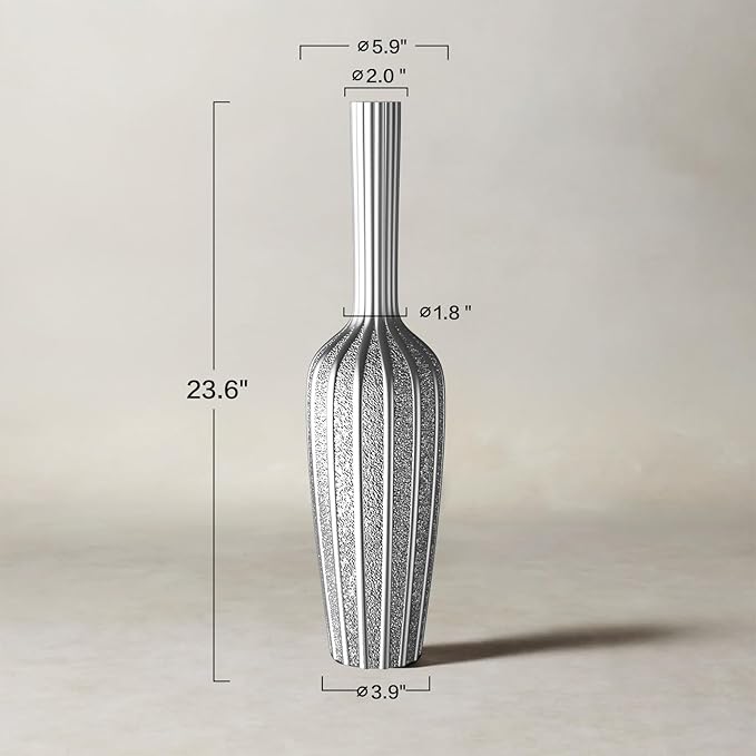 Elegant Silver Floor Vase - 23.62 Inch Tall Decorative Vase for Dried Flowers & Home Décor, Resin Tall Floor Vase, Silver Vases