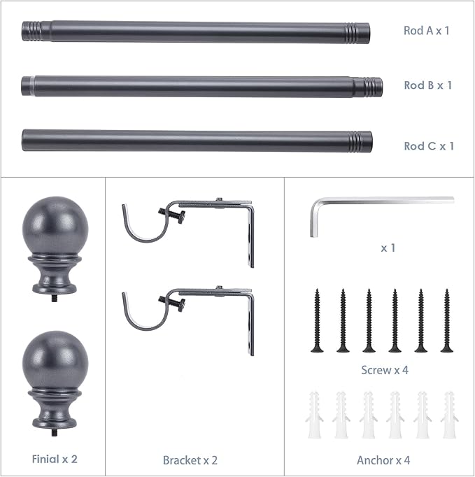 Curtain Rods for windows,1" Diameter Curtain Rod, 32-48" Standard Decorative Window Curtain Rod Set with Brackets for bathroom Kitchen Bedroom Window, Grey