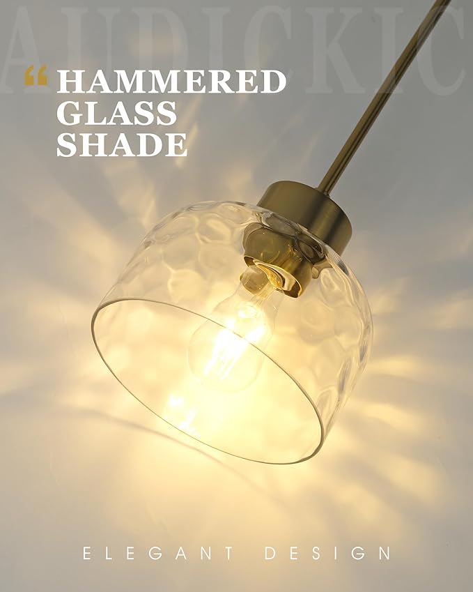 2-Pack Pendant Lights Kitchen Island, 8" Brushed Gold Hanging Light Fixtures with HHammered Glass, Modern Brass Kitchen Pendant Lighting Over Island for Dining Room, AD-24024-1P2L-GD-H