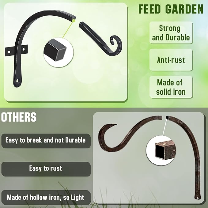 FEED GARDEN 2 Pack 12 Inch Hanging Plant Bracket Wall Hooks Decorative Plant Hangers for Outdoor Hanging Bird Feeders, Wind Chimes, Plant Baskets, Black