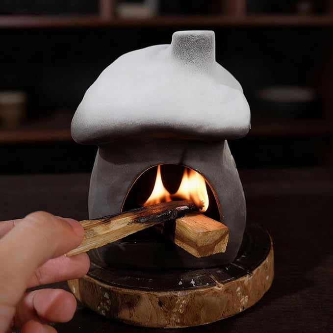 Tall Snow-Roofed Ceramic Palo Santo Burner - Mini Chiminea Incense Holder with Stable Base, Ideal for Smudging Sage & Burning Incense Cones, Perfect for Meditation, Yoga, Altars, Home Decor